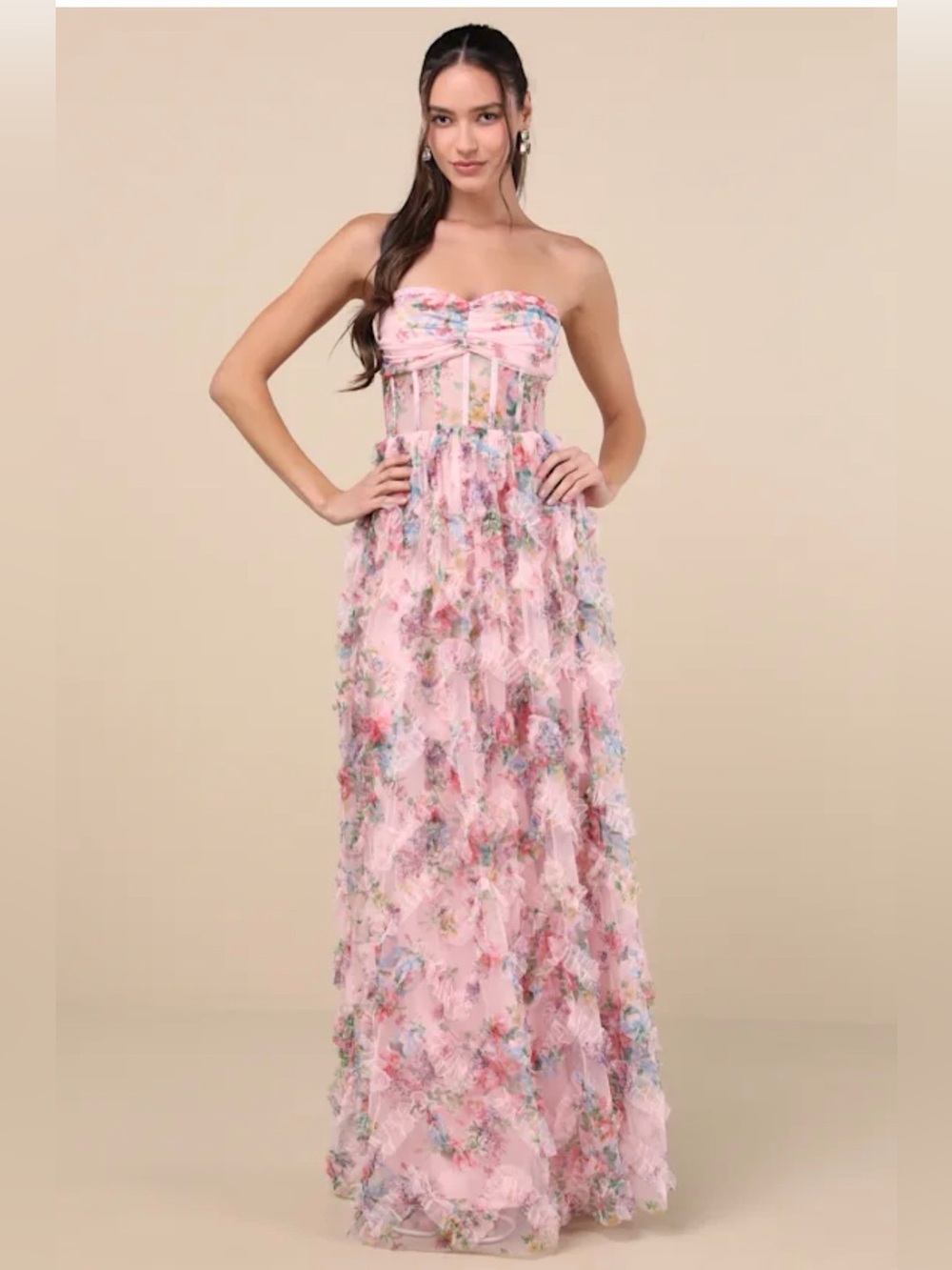 Pink Floral Strapless Maxi Dress – Size Small